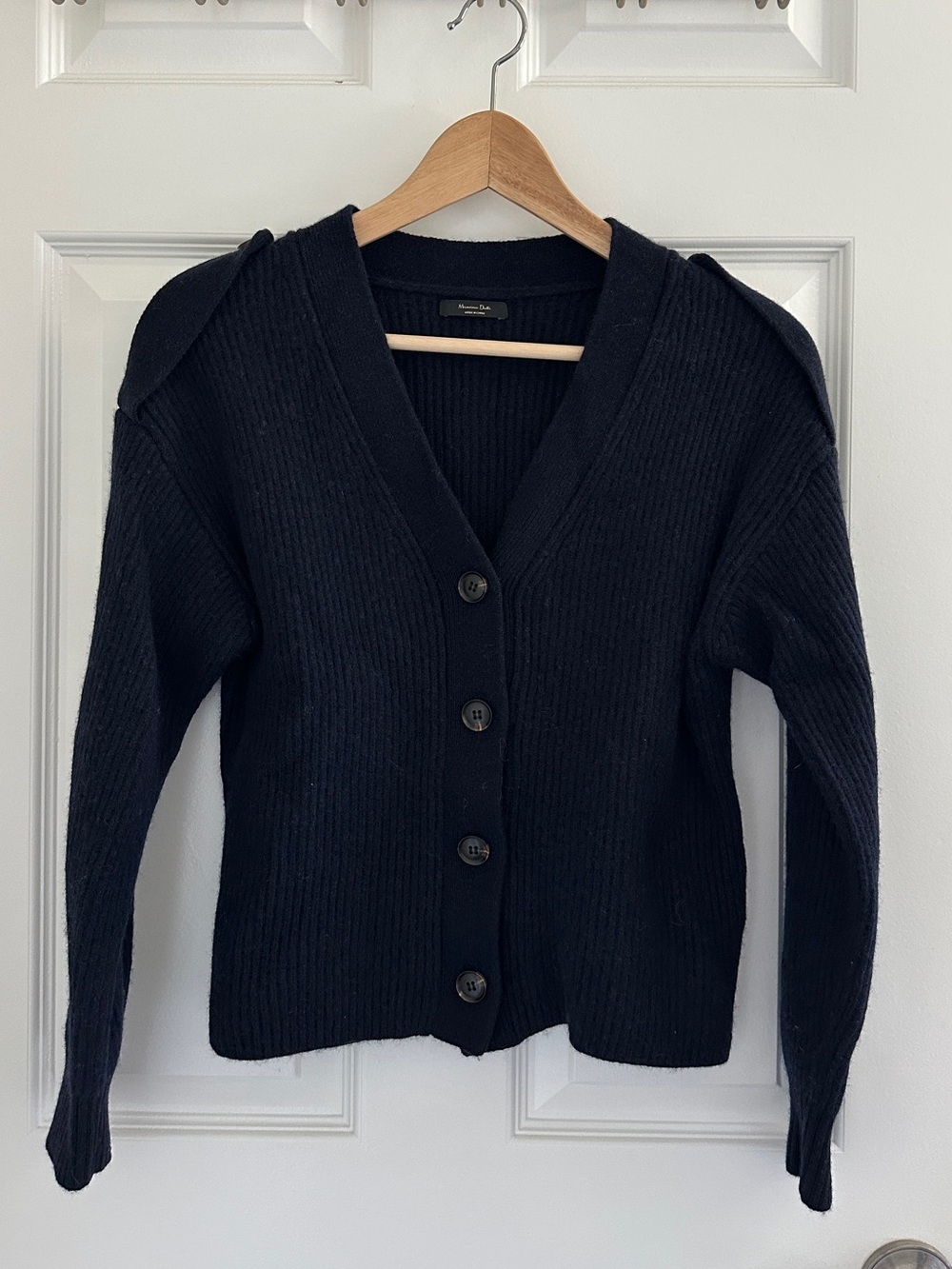 Massimo Dutti Black Ribbed V-Neck Button Cardigan